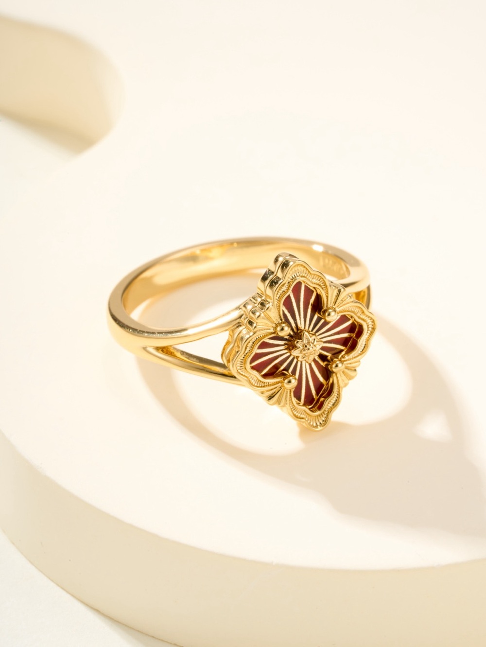 Gold Floral Enamel Ring in Burgundy - Women Jewelry